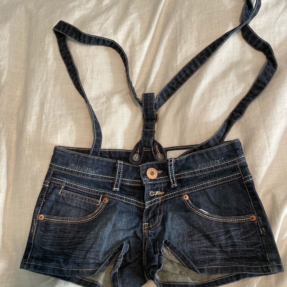 G by guess denim jean short with suspenders
